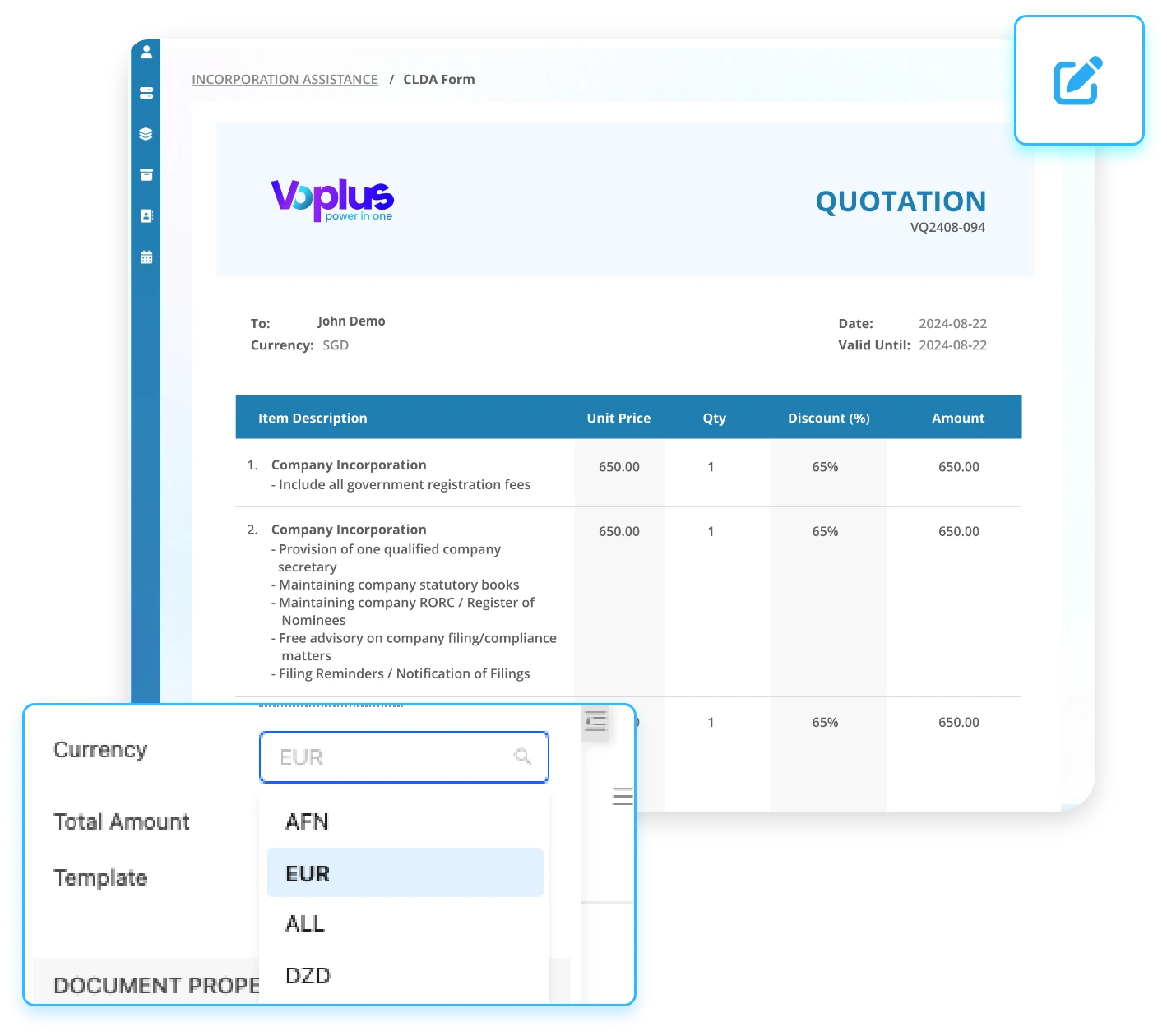 Fast Quotation Creation Interface