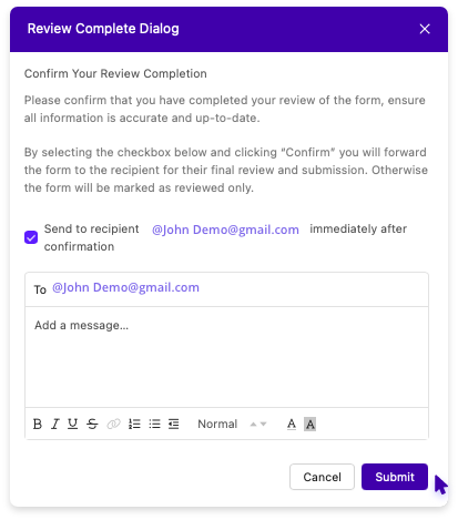 Complete review confirmation dialog