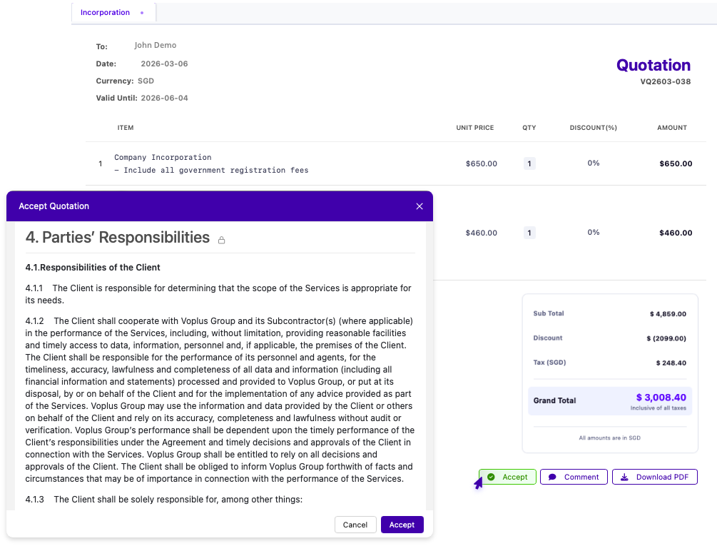 Accept quotation dialog